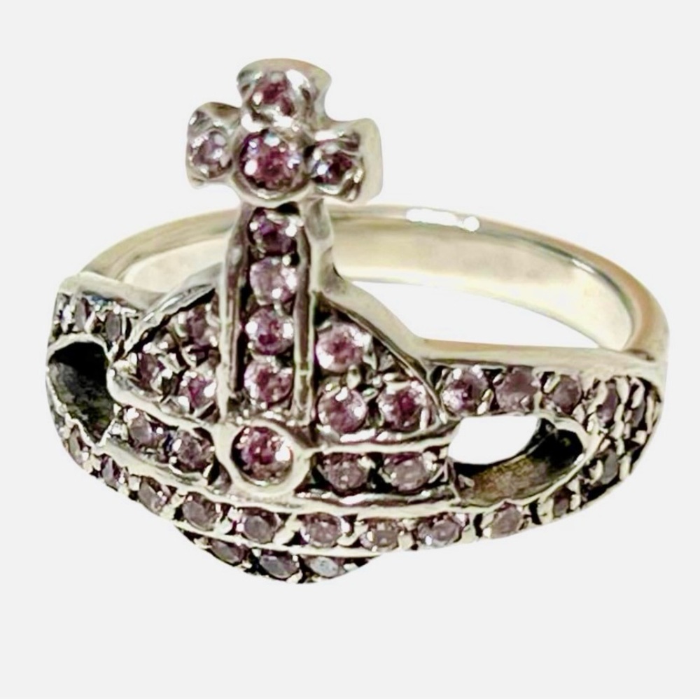 AUTH VTG Vivienne Westwood 925 Silver Ring with Strass Crystals